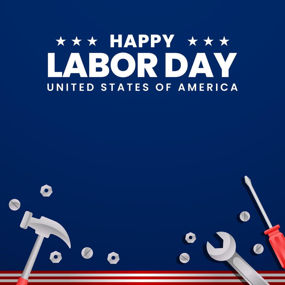 Happy US Labor Day banner blue background with working tools illustration vector