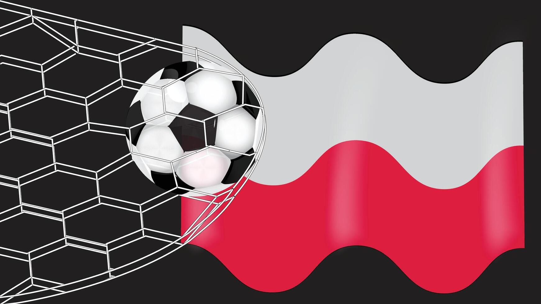 Soccer Football Ball in Goal net grid and Wavy Poland Flag isolated on Black Background vector