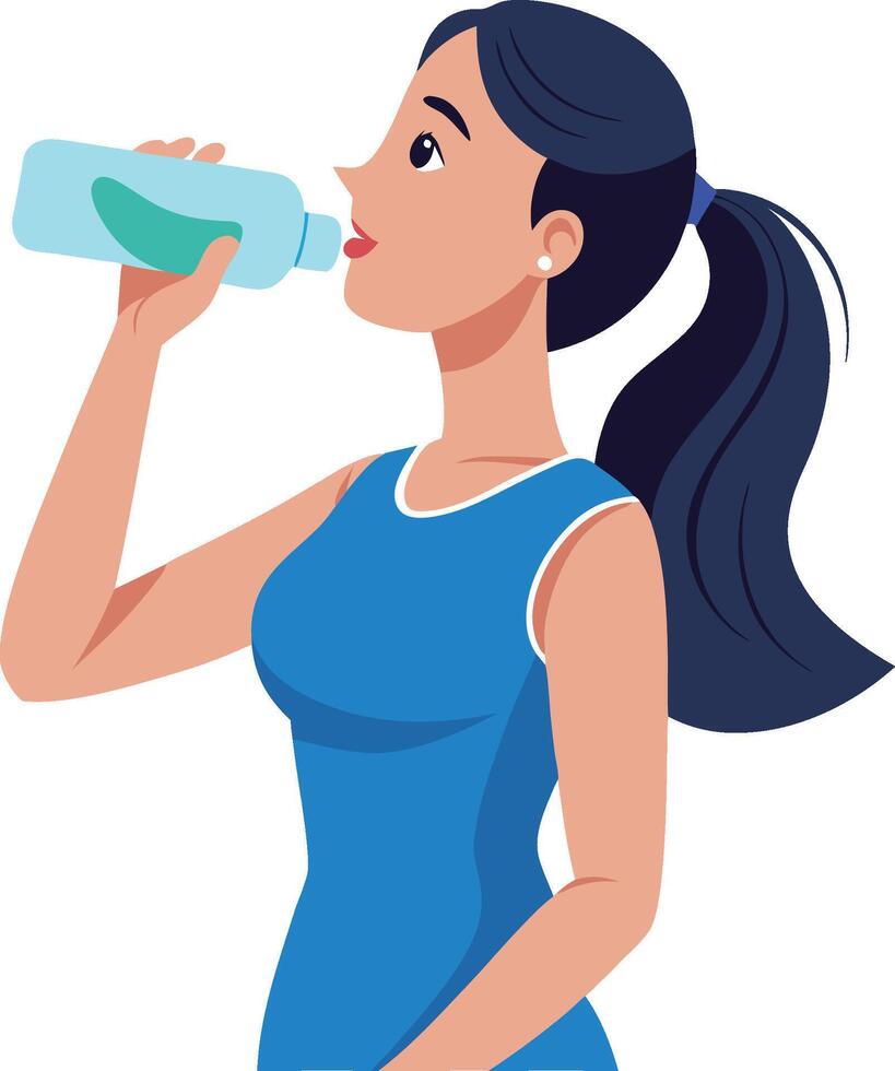 Woman drinking water from a plastic bottle vector