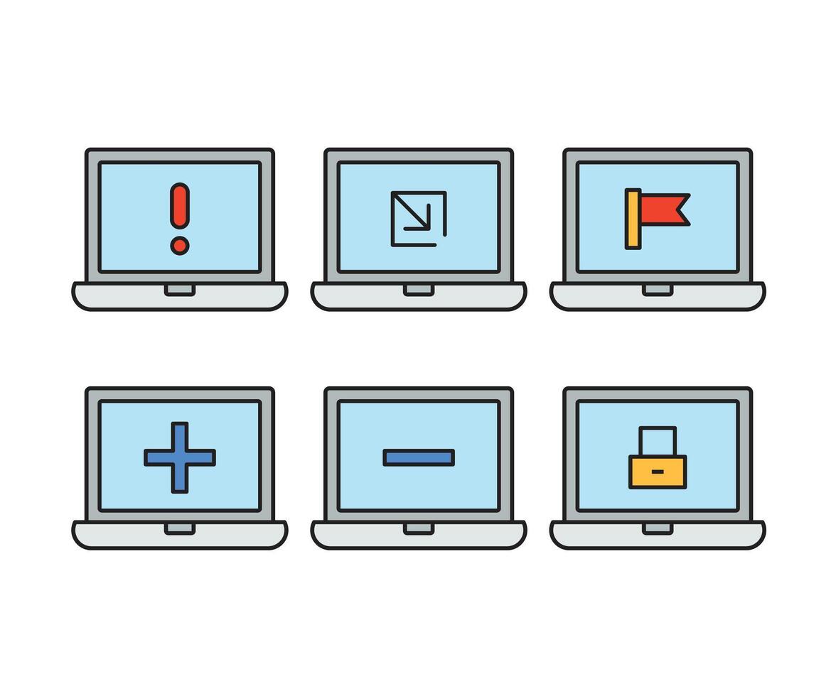 laptop computer and link, flag, key, add, minus icons vector