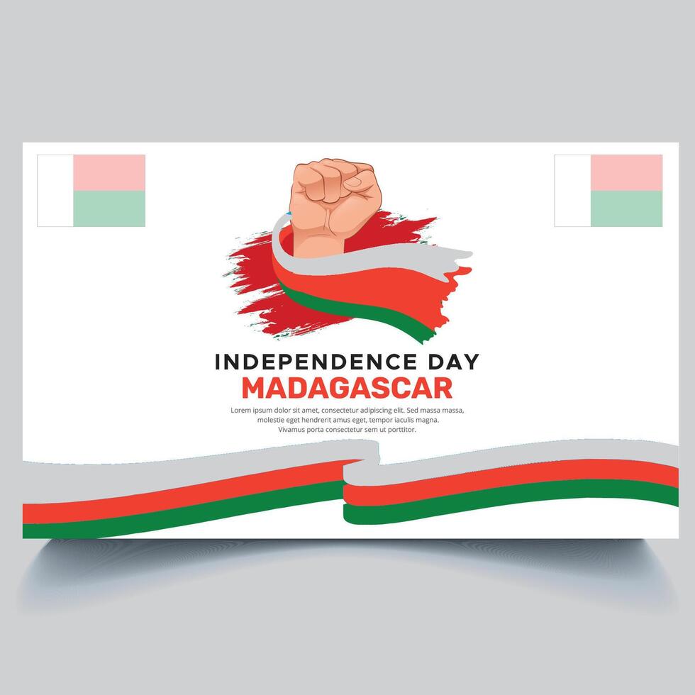 Happy Madagascar independence Day Banner and hand flag design vector