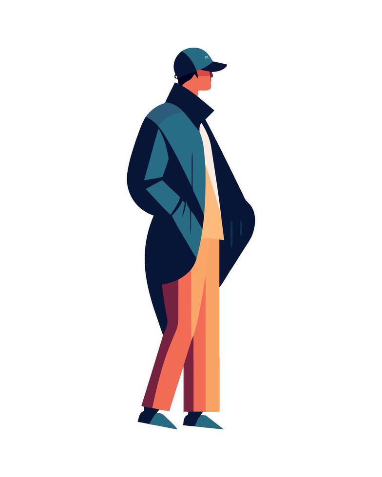 Man in coat and hat walking illustration vector