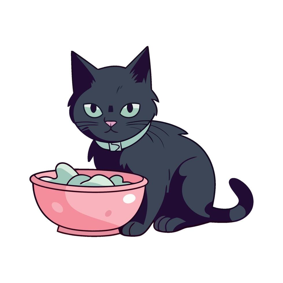 A black cat sitting in a pink bowl with a bowl of food vector