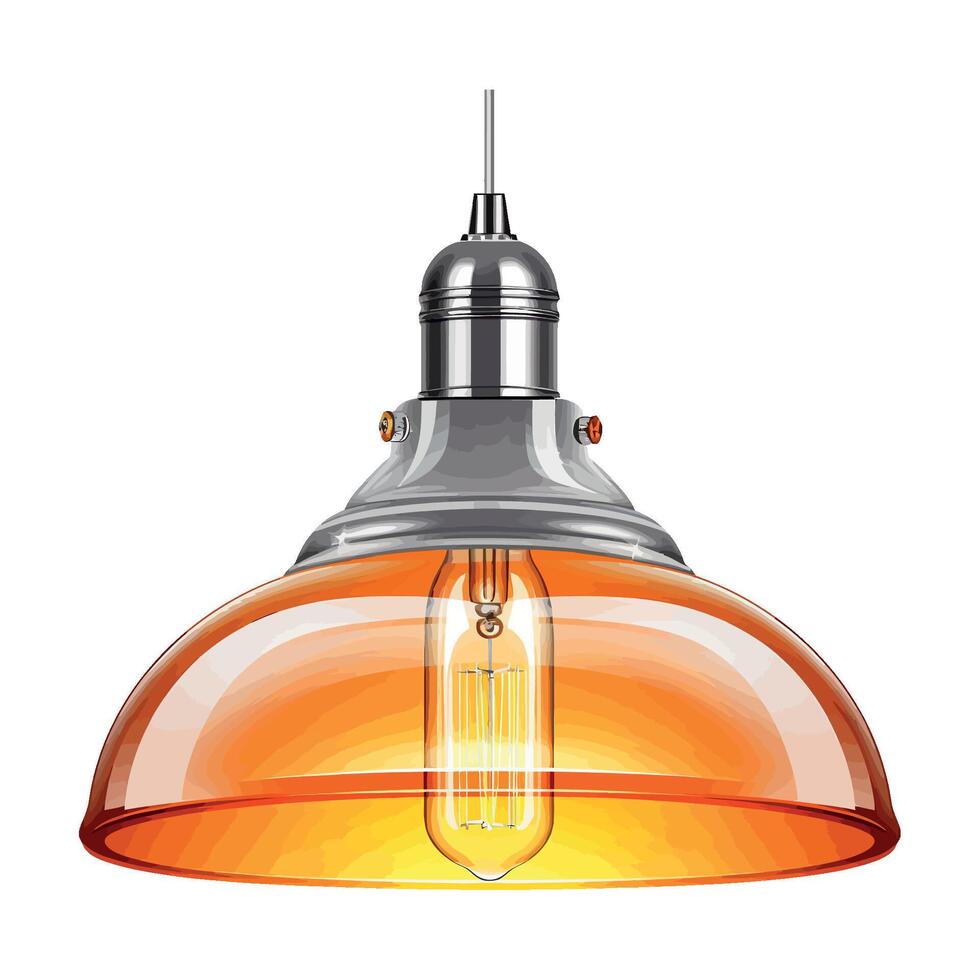An orange glass pendant light with a silver metal frame vector