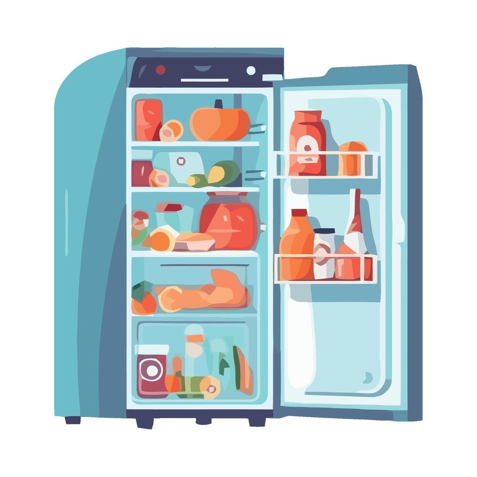 An open refrigerator with food inside vector