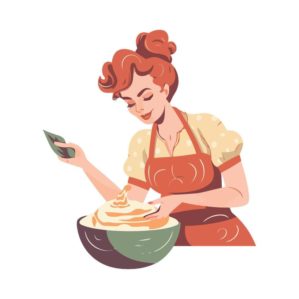 A woman in an apron is making a cake vector