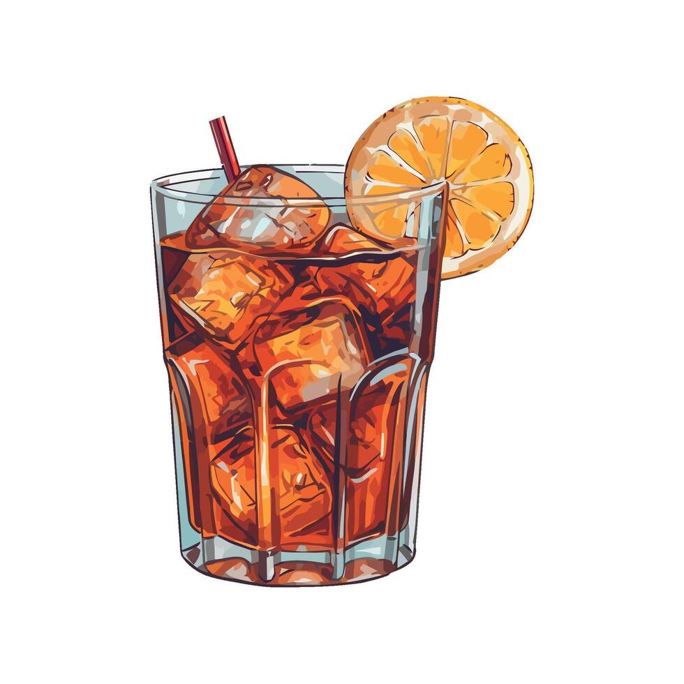 A glass of iced tea with ice cubes and a slice of orange vector