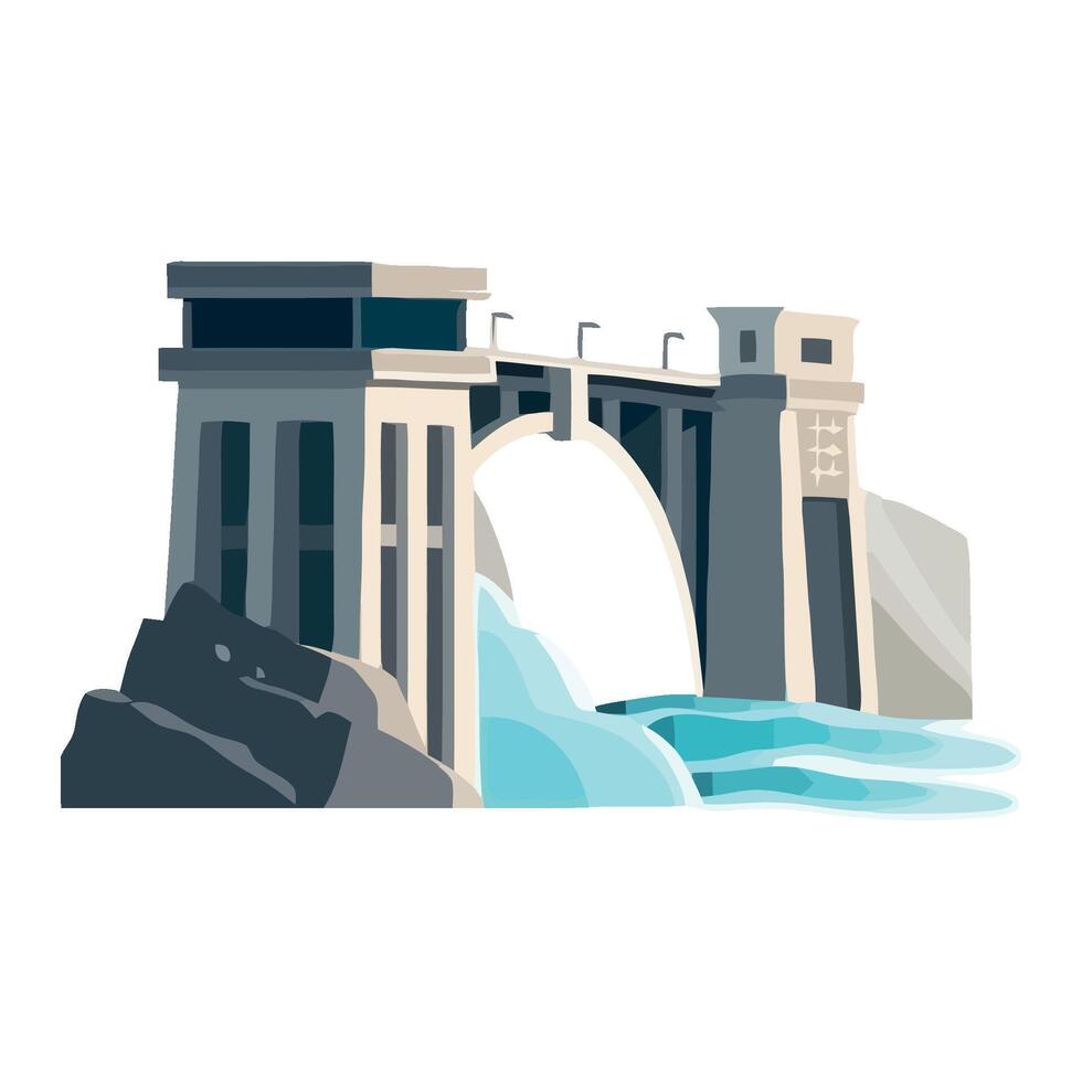 A cartoon illustration of a dam with water flowing over it vector