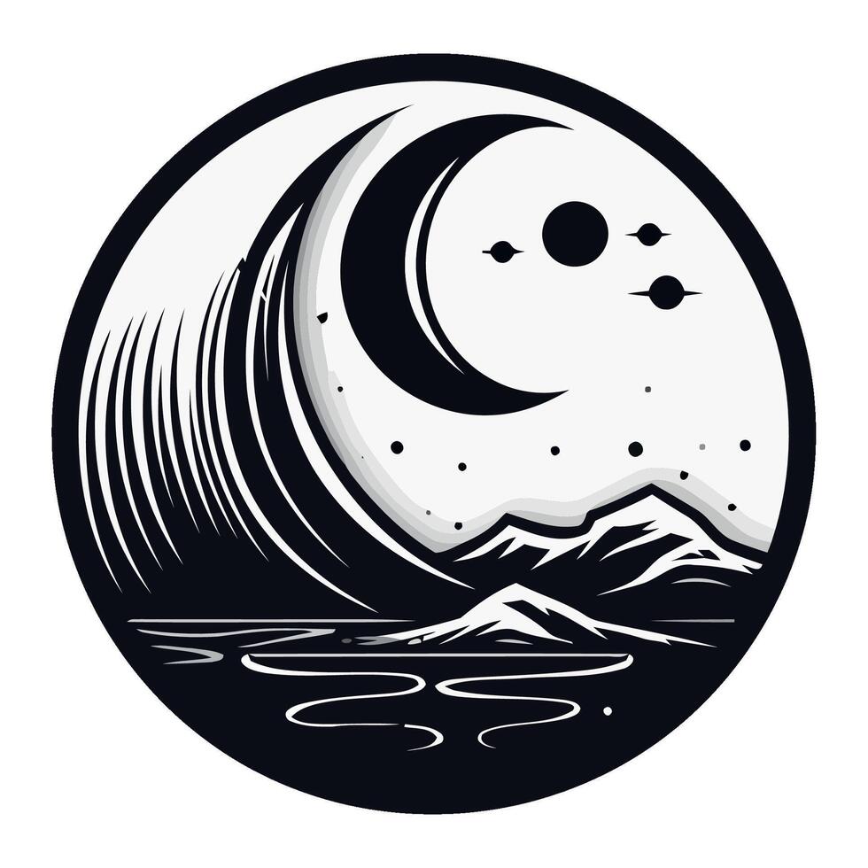 A black and white image of a wave and mountains vector