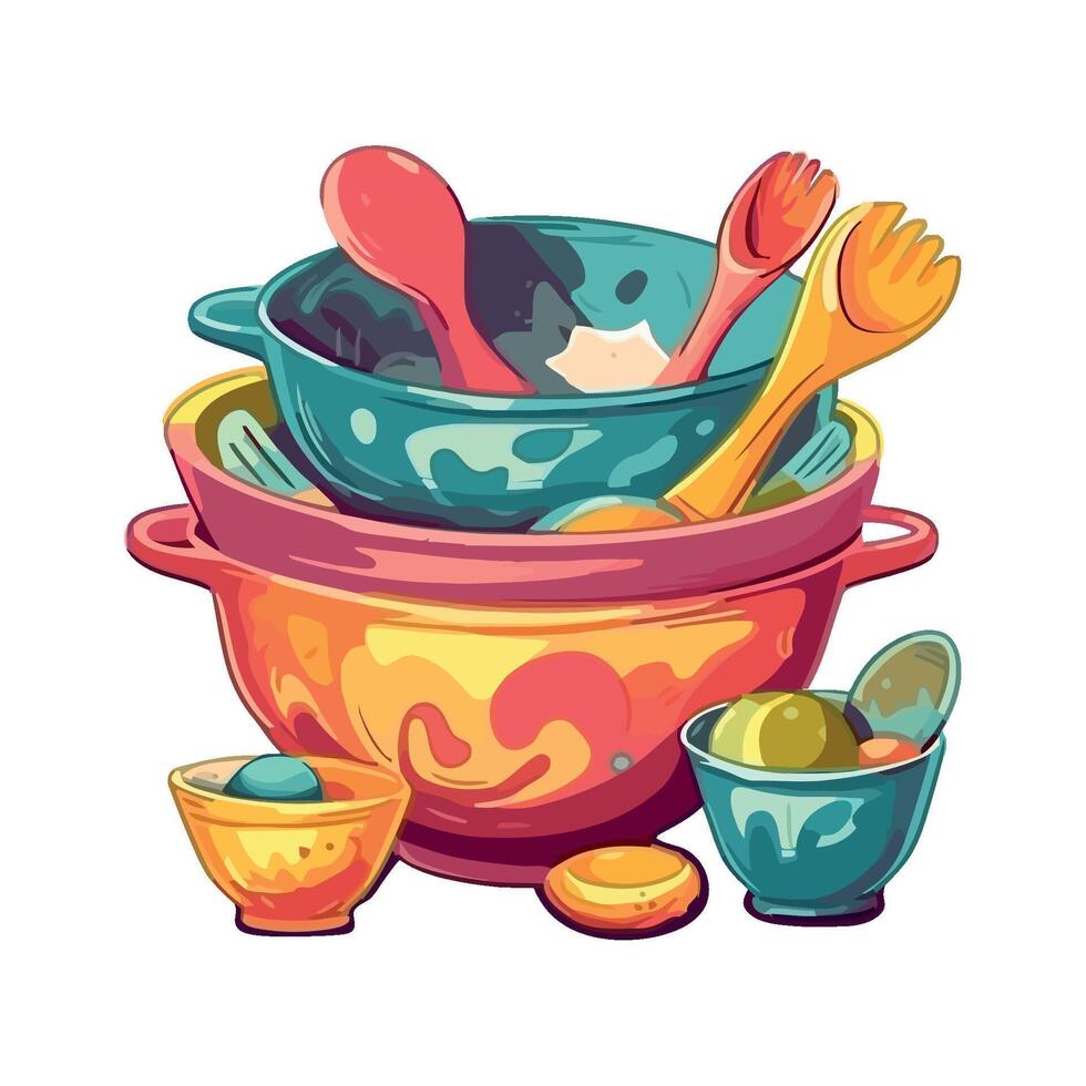 Colorful bowls and spoons with spoons and forks vector