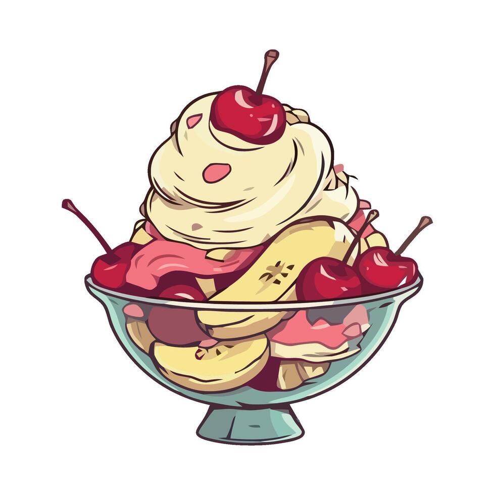 Ice cream sundae with cherries and bananas illustration vector