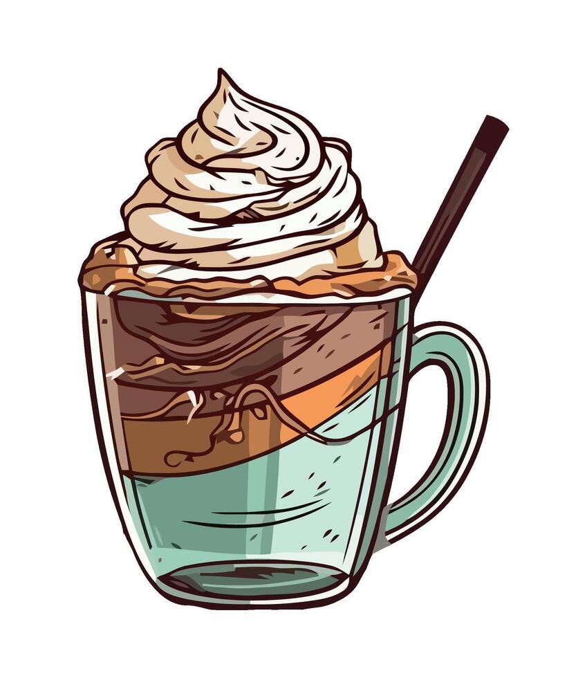 A cup of coffee with whipped cream and a straw vector