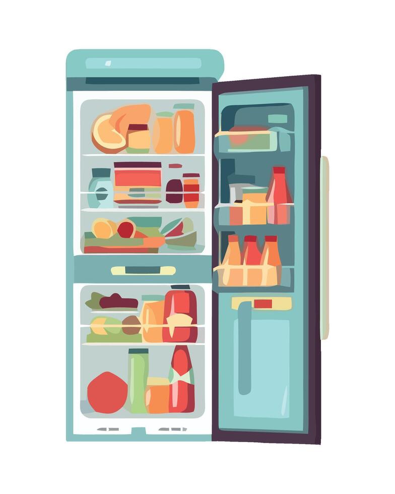 An open refrigerator with food inside vector