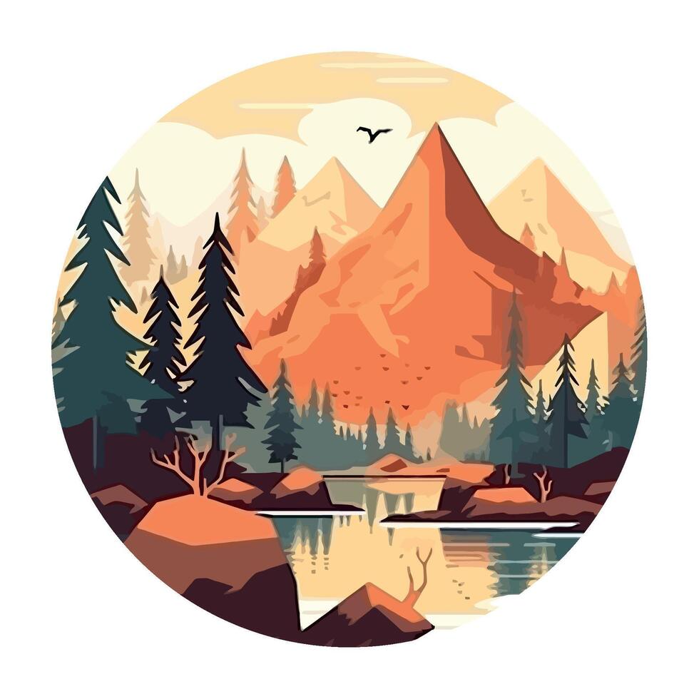 A mountain landscape with trees and water vector
