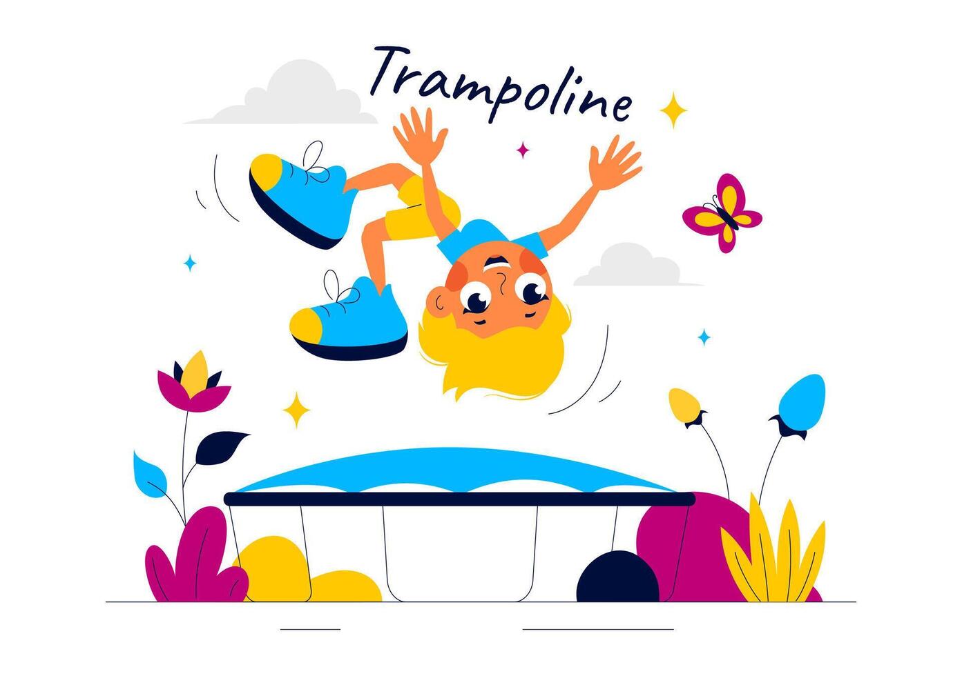 Little Boy Jumping on a Trampoline, Enjoying Summer Outdoor Activities with a Flat Style Cartoon Background vector