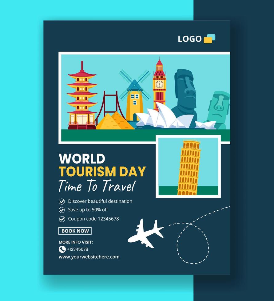 Tourism Day Vertical Poster Flat Cartoon Hand Drawn Templates Background Illustration vector