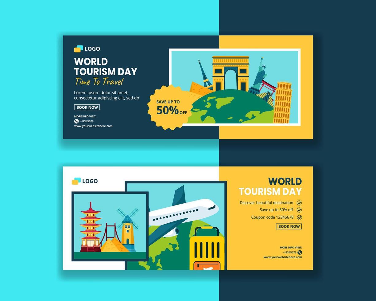 Tourism Day Horizontal Banner Flat Cartoon Hand Drawn Templates Background Illustration vector