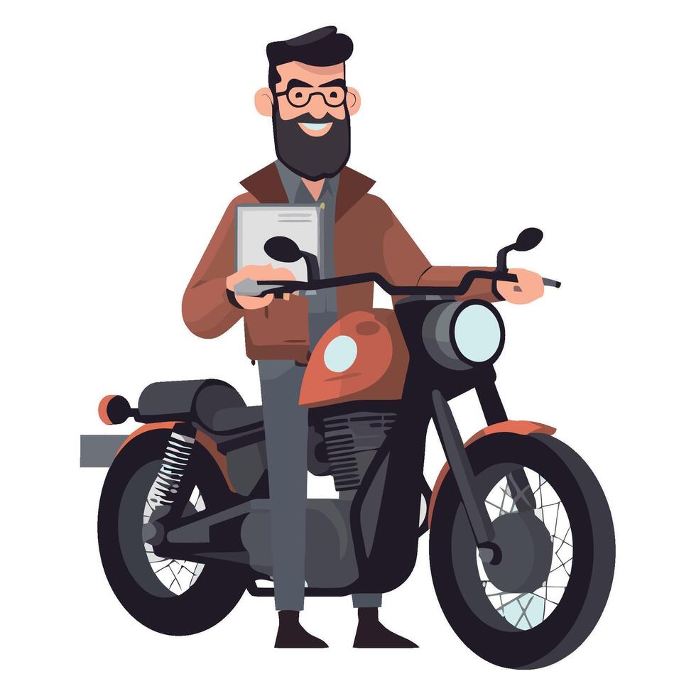 A man with a beard and glasses is sitting on a motorcycle vector