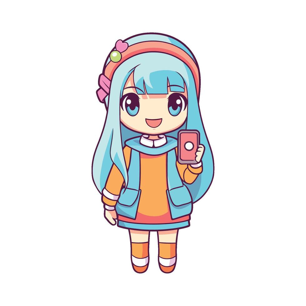 A cartoon girl with blue hair and a pink phone vector
