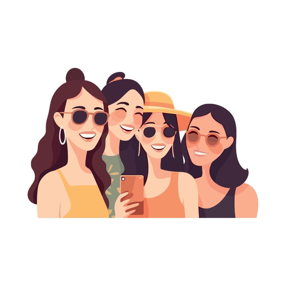 Three women in sunglasses and hats are taking a selfie vector