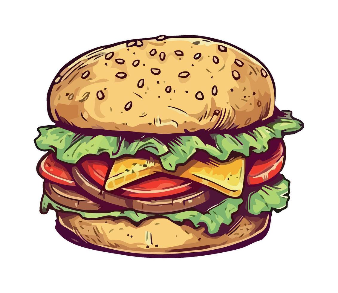 A hamburger with cheese, lettuce and tomato on a white background vector