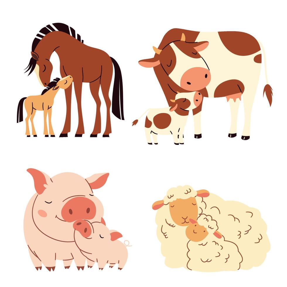Set of flat illustrations. Cute pets with cubs. Horse with foal, pig with piglet, sheep with lamb, cow with calf vector
