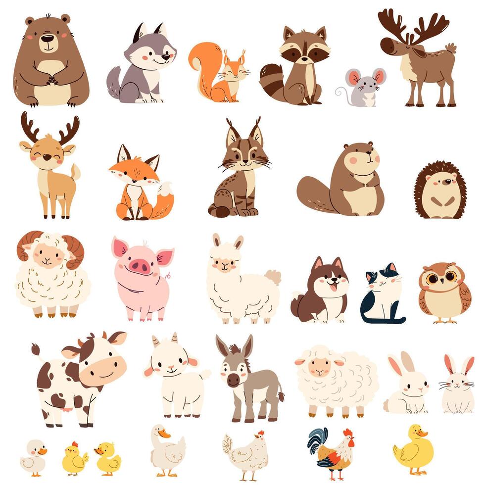 Large set of flat illustrations in children's style. Wild animals of summer and farm pets vector