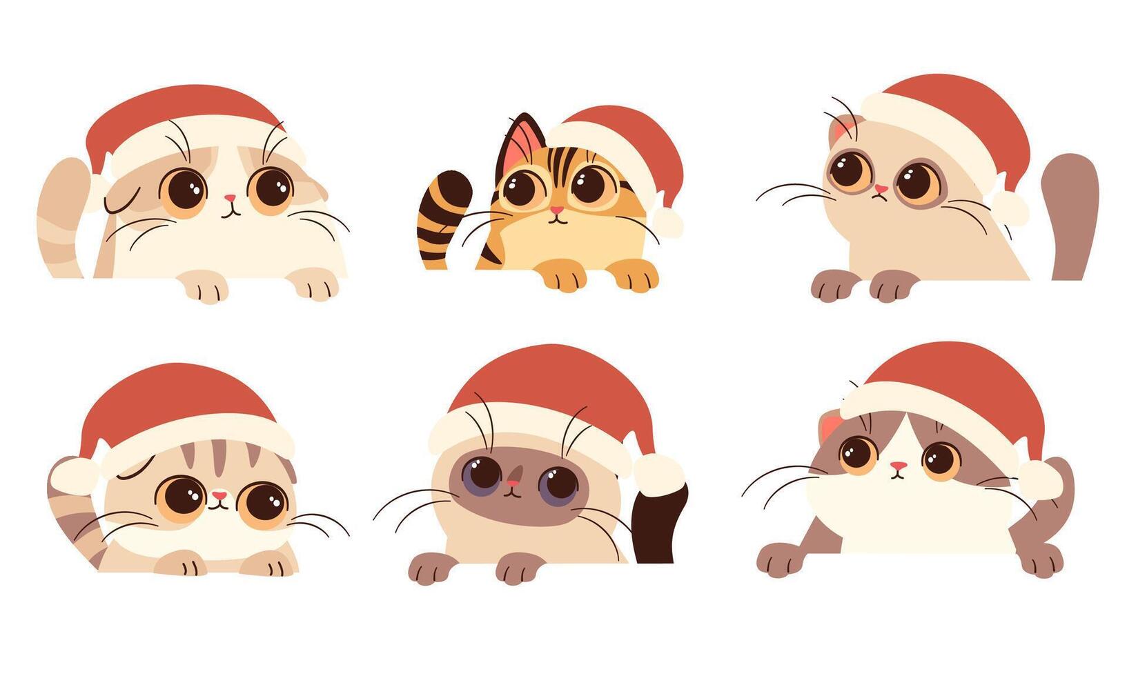 Set of flat illustrations on white background. Cute kittens with big eyesin a Santa Claus hat look out from behind white banner. vector