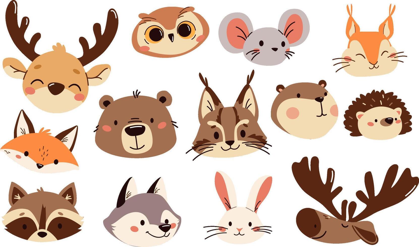 Set of flat illustrations. Forest animals, muzzles and faces bear mouse hare elk deer hedgehog fox squirrel raccoon beaver lynx owl vector