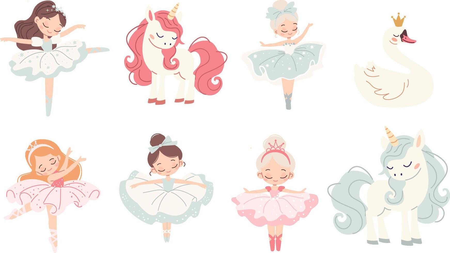 Set of cute illustrations on the theme of ballet. Cute ballerinas, swan and unicorns. vector