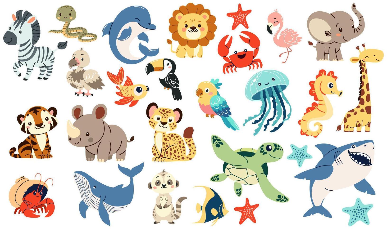 Large set of flat illustrations in children's style. Wild animals of safari and Africa and animals and fish of sea and ocean vector