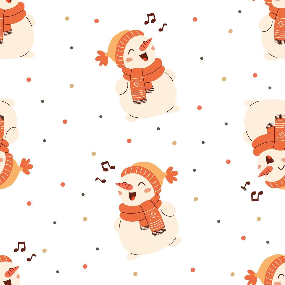 Seamless pattern in children's style for New Year holidays. Cute snowman in winter hat and mittens, snowflakes vector