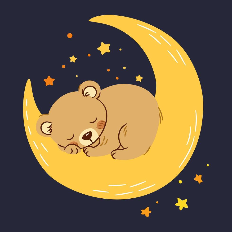 Cute illustration in children's style. Cute bear cub sleeping on the moon, night sky vector