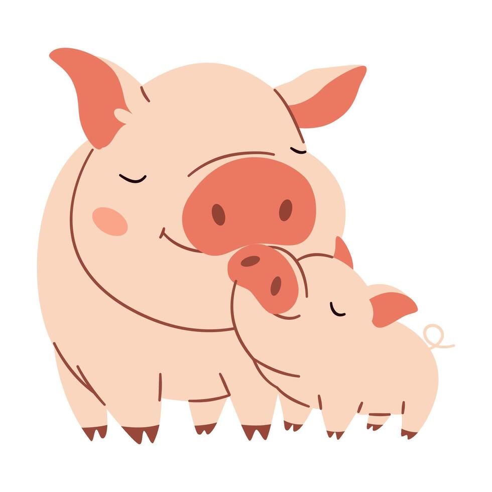 Flat illustration. Cute pig with piglet, white background. Motherly love vector