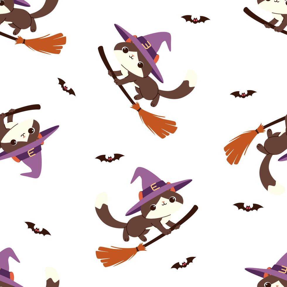 Seamless pattern for the Halloween holiday. Cute cat in a witch's hat flying on a broomstick, summer mice vector