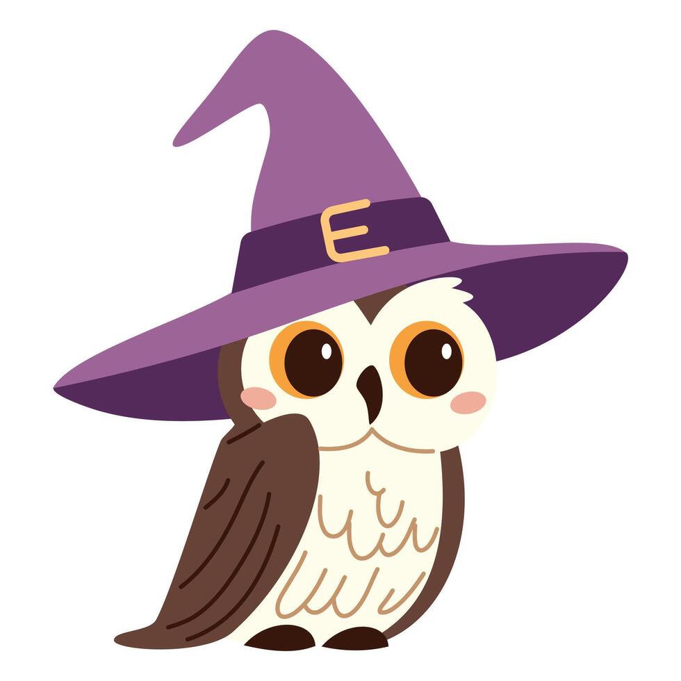 Flat illustration in children's style on white background. Cute owl in a witch's hat. Funny illustration for Halloween vector