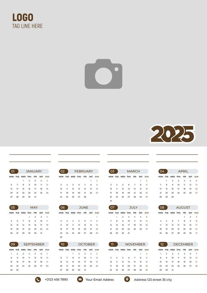 2025 Calendar Design, Wall Calendar Template, A4 Size, Bleed 1.25, Easy to Place Image vector