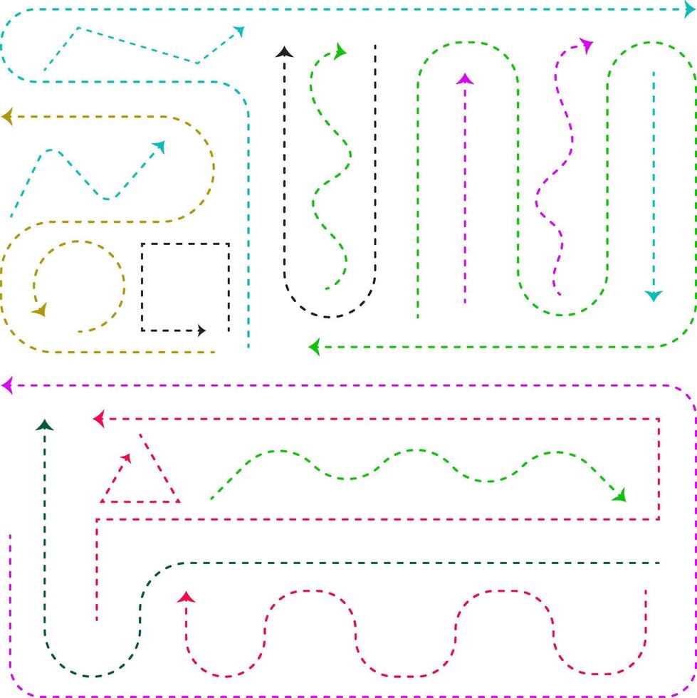 Dotted line arrows, clean dot style hand drawn doodle arrow set. Curve dotted lines, dashed lines arrow, set of dotted hand drawn doodle arrows isolated, split lines arrows. vector