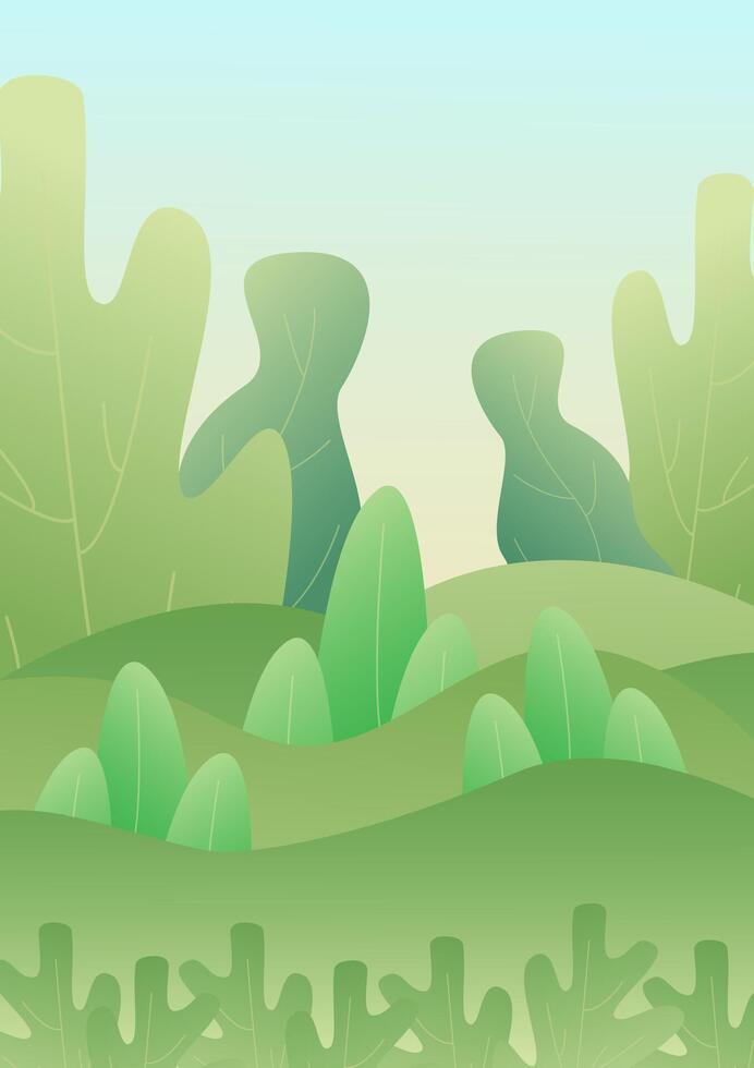 Forest Landscape, green trees park, foliage in summer. Vertical 2d banner with abstract spring leaves vector