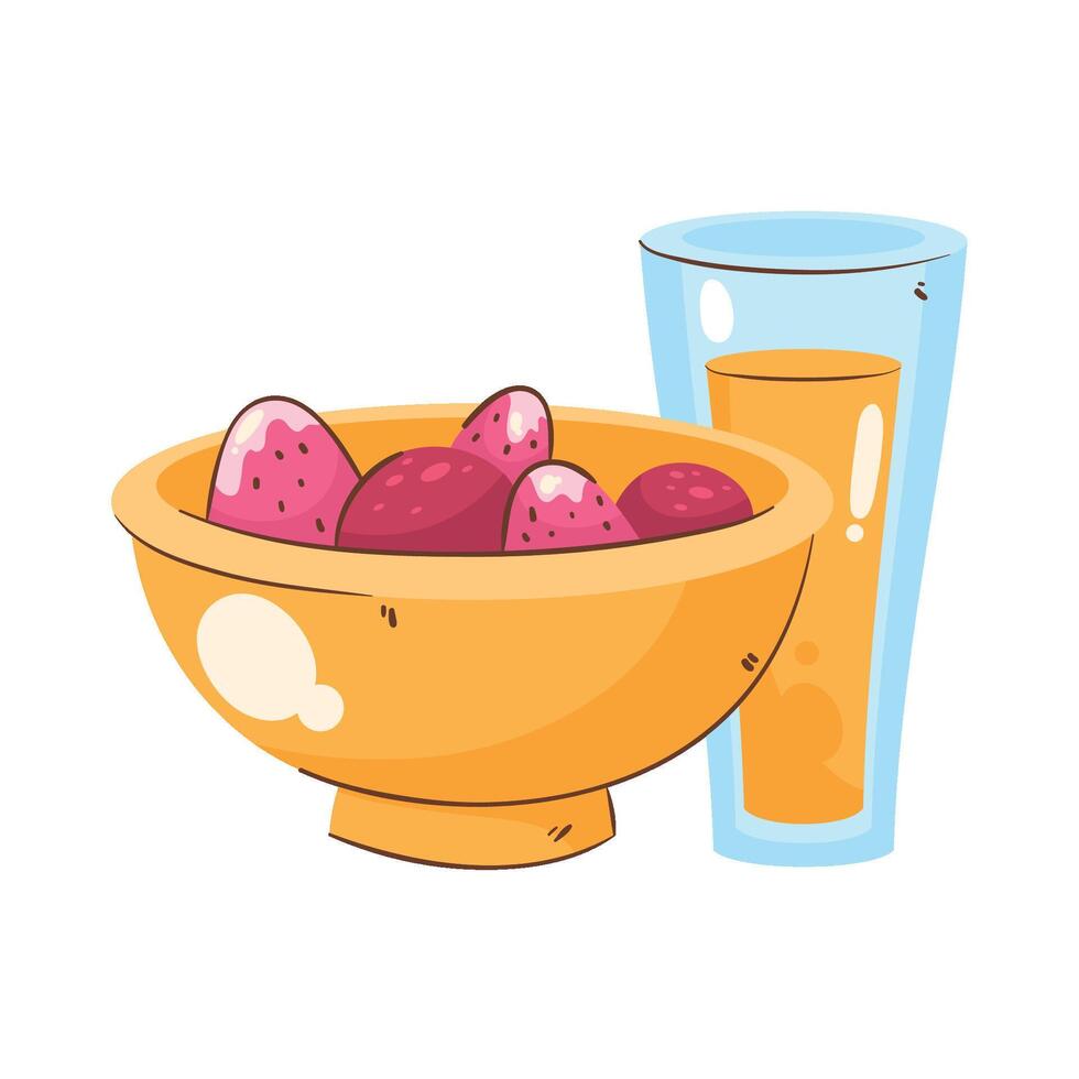 A bowl of strawberries and a glass of juice vector