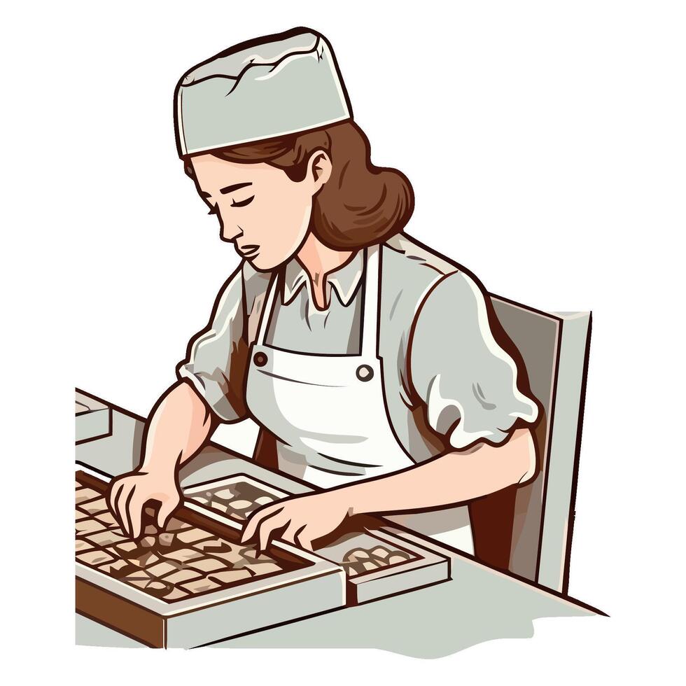 A woman in a chef hat is working on a box vector