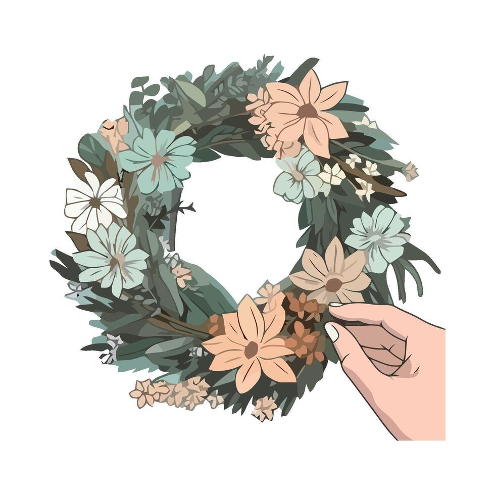 A hand holding a wreath with flowers vector