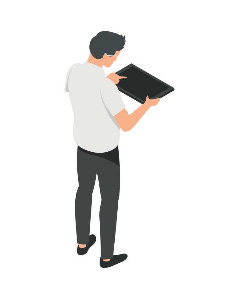 Man holding a tablet computer isometric illustration vector