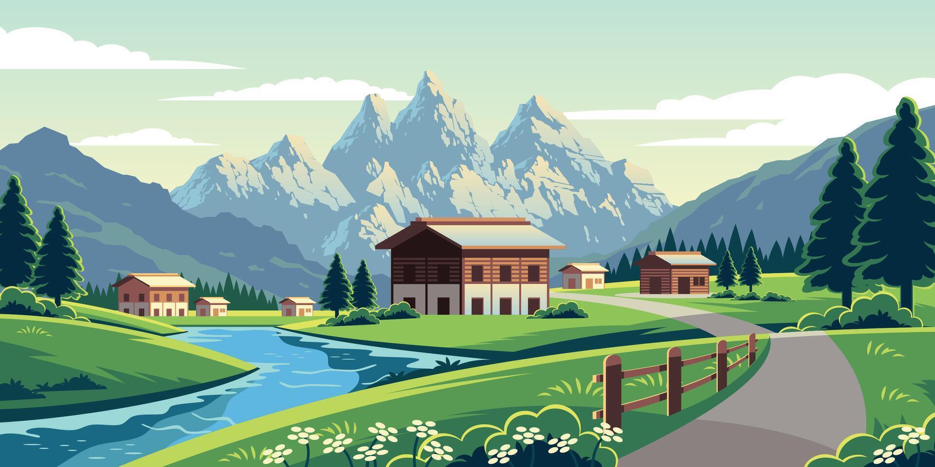 illustration of alpine landscape with mountain village and river vector