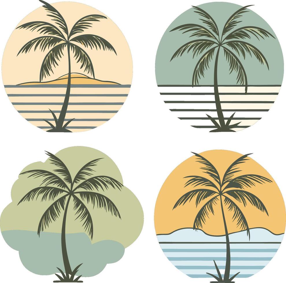 set of retro sunsets with palm tree vactor vector