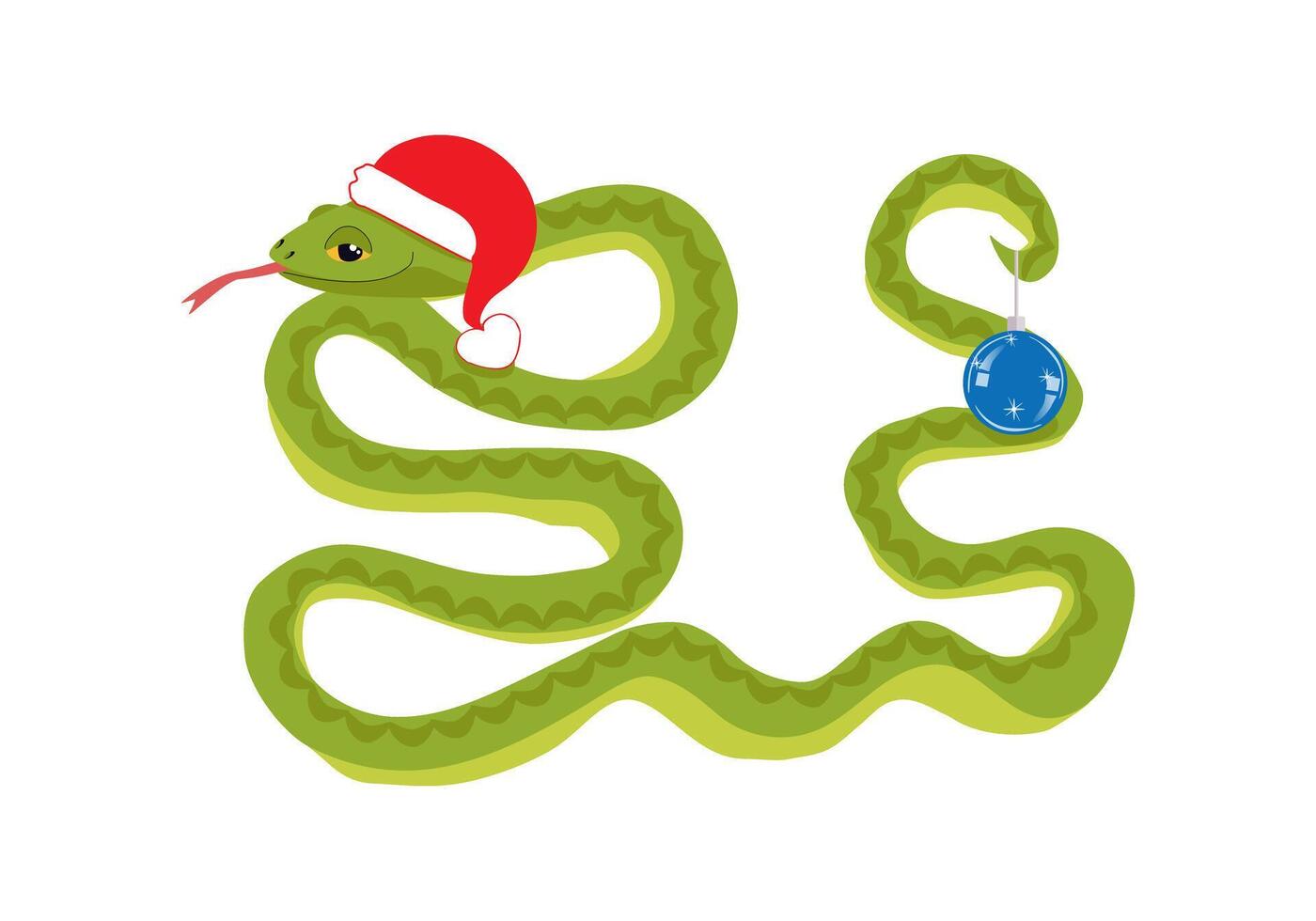 Green snake in a red cap with a glass Christmas ball on its tail vector