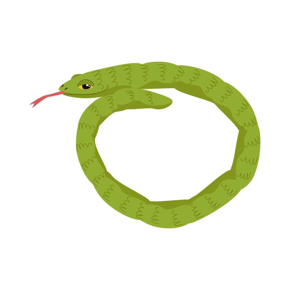 Green cute cartoon snake with tongue hanging out curled into rin vector
