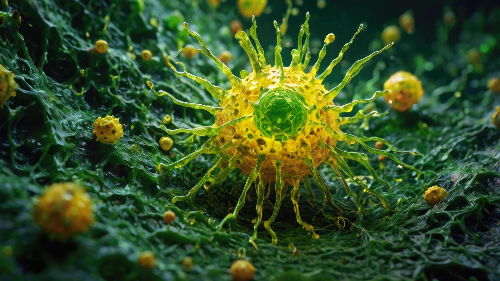 Mpox or Monkey pox virus in a green background, virus cells. photo