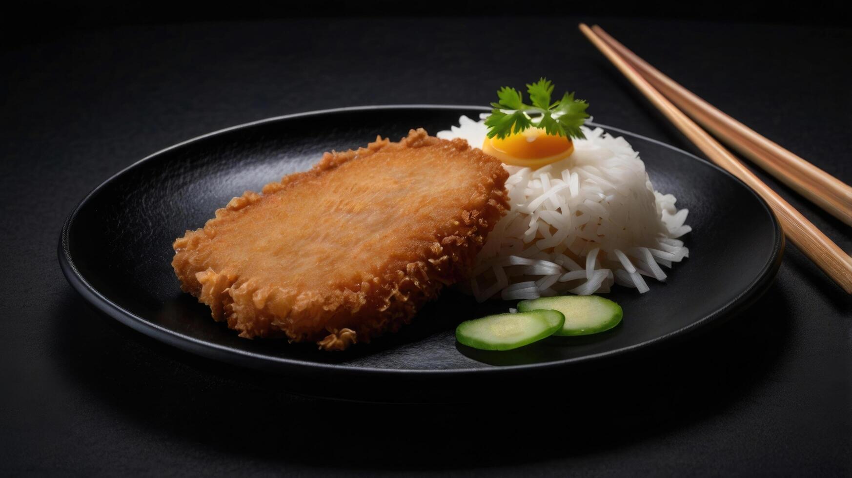 Japanese fish cutlet with rice and cucumber on a black background photo