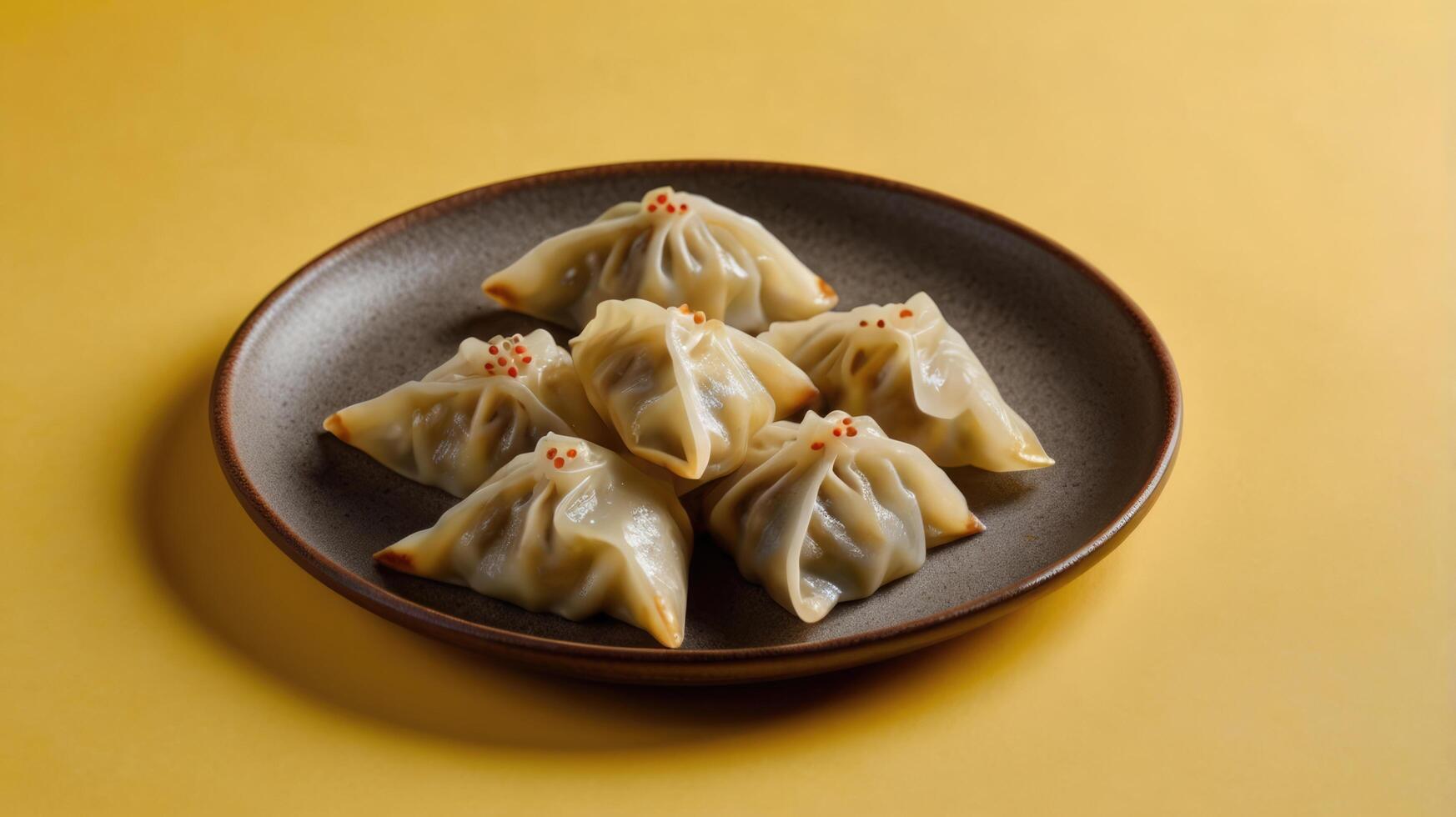 Chinese dumplings on a plate on a yellow background, close up photo